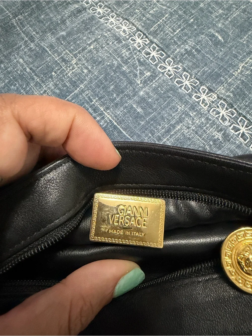 Versace Black Leather Cosmetic Pouch with Gold Medallion